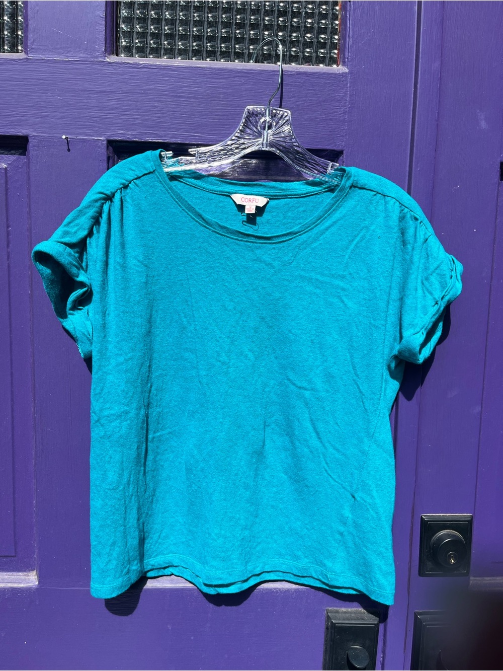 NEW Women’s LINEN Blend Aqua Short Sleeve Scoop Neck Top